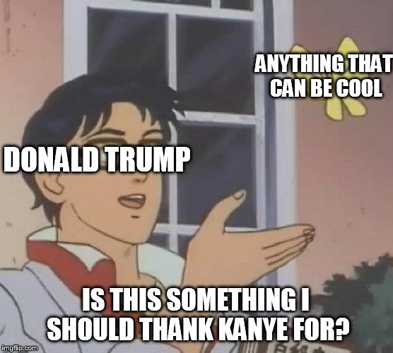 Is This A Pigeon | ANYTHING THAT CAN BE COOL; DONALD TRUMP; IS THIS SOMETHING I SHOULD THANK KANYE FOR? | image tagged in memes,is this a pigeon | made w/ Imgflip meme maker