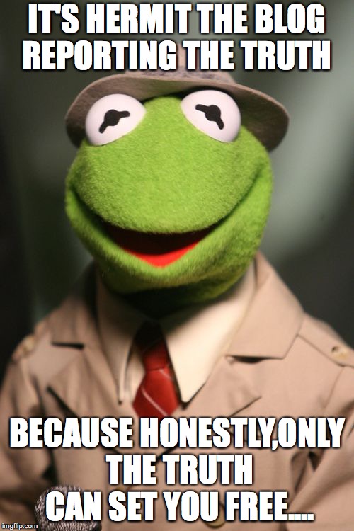Kermit Reporter | IT'S HERMIT THE BLOG REPORTING THE TRUTH; BECAUSE HONESTLY,ONLY THE TRUTH CAN SET YOU FREE.... | image tagged in kermit reporter | made w/ Imgflip meme maker