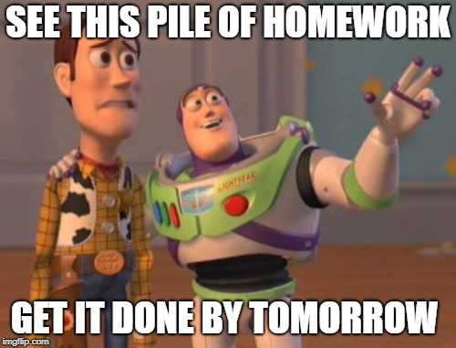 X, X Everywhere Meme | SEE THIS PILE OF HOMEWORK; GET IT DONE BY TOMORROW | image tagged in memes,x x everywhere | made w/ Imgflip meme maker