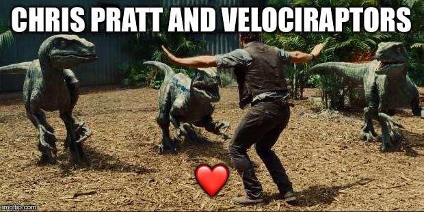 Jurassic world | CHRIS PRATT AND VELOCIRAPTORS; ❤️ | image tagged in jurassic world | made w/ Imgflip meme maker