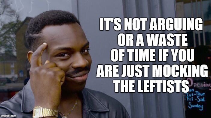 Roll Safe Think About It Meme | IT'S NOT ARGUING OR A WASTE OF TIME IF YOU ARE JUST MOCKING THE LEFTISTS | image tagged in memes,roll safe think about it | made w/ Imgflip meme maker