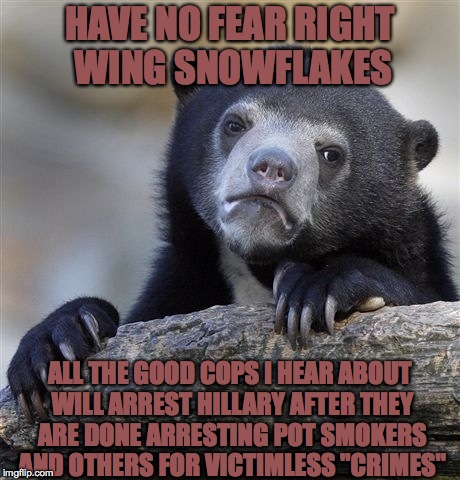 Confession Bear Meme | HAVE NO FEAR RIGHT WING SNOWFLAKES; ALL THE GOOD COPS I HEAR ABOUT WILL ARREST HILLARY AFTER THEY ARE DONE ARRESTING POT SMOKERS AND OTHERS FOR VICTIMLESS "CRIMES" | image tagged in memes,confession bear | made w/ Imgflip meme maker