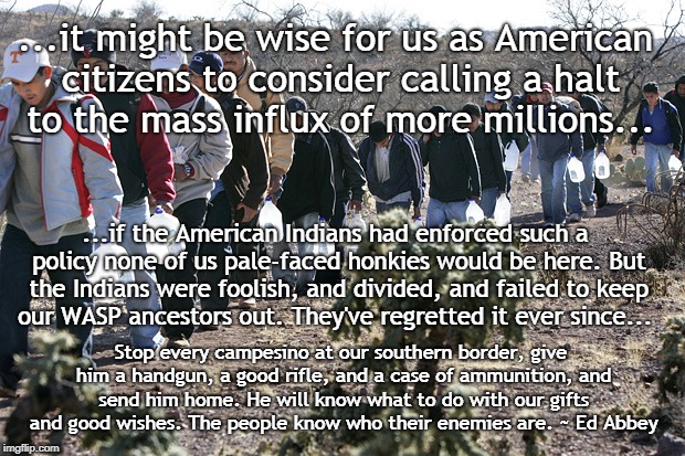 Immigration | ...it might be wise for us as American citizens to consider calling a halt to the mass influx of more millions... ...if the American Indians had enforced such a policy none of us pale-faced honkies would be here. But the Indians were foolish, and divided, and failed to keep our WASP ancestors out. They've regretted it ever since... Stop every campesino at our southern border, give him a handgun, a good rifle, and a case of ammunition, and send him home. He will know what to do with our gifts and good wishes. The people know who their enemies are. ~ Ed Abbey | image tagged in mexican immigration,ed abbey,quotes,illegal immigration | made w/ Imgflip meme maker