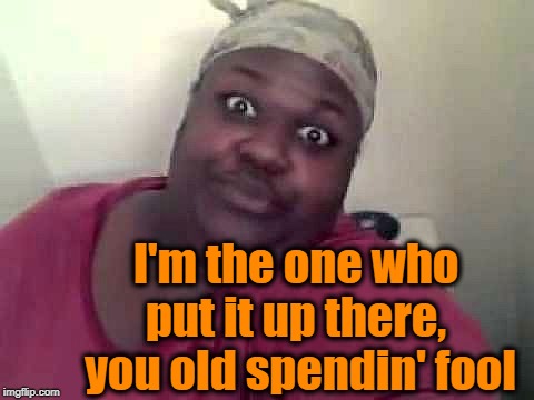 Black woman | I'm the one who put it up there,  you old spendin' fool | image tagged in black woman | made w/ Imgflip meme maker