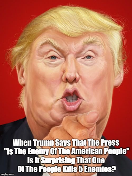 When Trump Says That "The Press Is The Enemy Of The American People..." | When Trump Says That The Press "Is The Enemy Of The American People" Is It Surprising That One Of The People Kills 5 Enemies? | image tagged in deplorable donald,despicable donald,devious donald,dishonorable donald,dishonest donald,deceitful donald | made w/ Imgflip meme maker