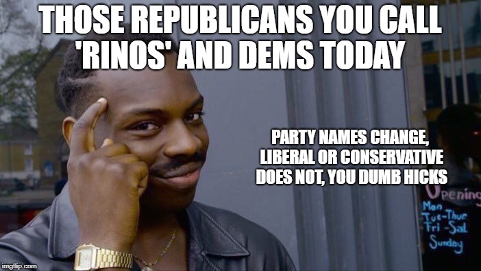 Roll Safe Think About It Meme | THOSE REPUBLICANS YOU CALL 'RINOS' AND DEMS TODAY PARTY NAMES CHANGE, LIBERAL OR CONSERVATIVE DOES NOT, YOU DUMB HICKS | image tagged in memes,roll safe think about it | made w/ Imgflip meme maker