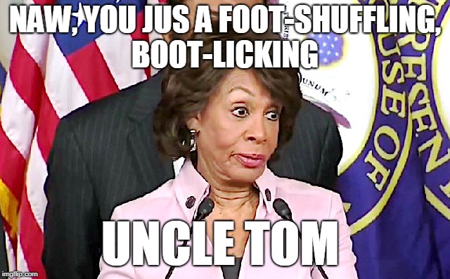 maxine answers questions | NAW, YOU JUS A FOOT-SHUFFLING, BOOT-LICKING UNCLE TOM | image tagged in maxine answers questions | made w/ Imgflip meme maker