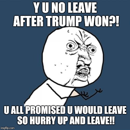 Y U No Meme | Y U NO LEAVE AFTER TRUMP WON?! U ALL PROMISED U WOULD LEAVE SO HURRY UP AND LEAVE!! | image tagged in memes,y u no | made w/ Imgflip meme maker