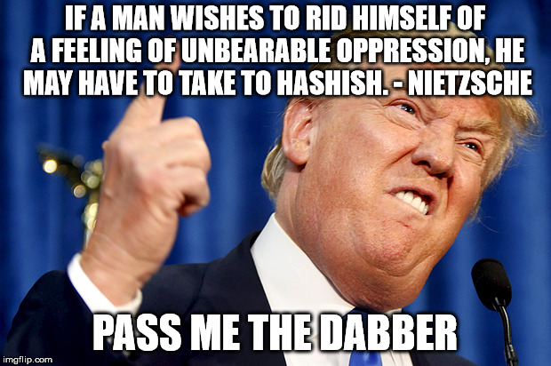 Donald Trump | IF A MAN WISHES TO RID HIMSELF OF A FEELING OF UNBEARABLE OPPRESSION, HE MAY HAVE TO TAKE TO HASHISH. - NIETZSCHE; PASS ME THE DABBER | image tagged in donald trump | made w/ Imgflip meme maker