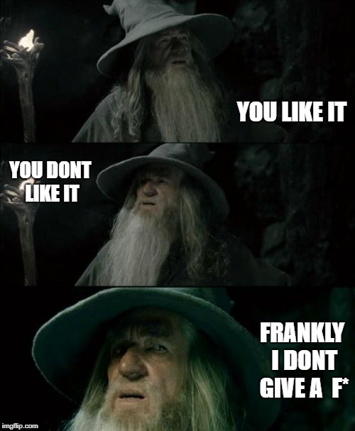Confused Gandalf Meme | YOU LIKE IT; YOU DONT LIKE IT; FRANKLY I DONT GIVE A  F* | image tagged in memes,confused gandalf | made w/ Imgflip meme maker