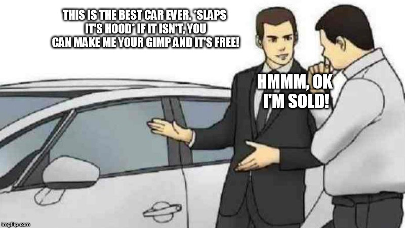 That's a hard bargain to pass up! | THIS IS THE BEST CAR EVER. *SLAPS IT'S HOOD* IF IT ISN'T, YOU CAN MAKE ME YOUR GIMP AND IT'S FREE! HMMM, OK I'M SOLD! | image tagged in carsalesman | made w/ Imgflip meme maker