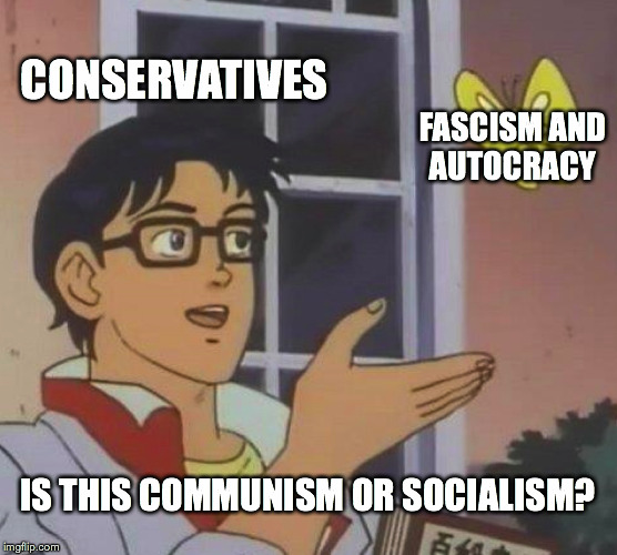 Is This A Pigeon Meme | CONSERVATIVES; FASCISM AND AUTOCRACY; IS THIS COMMUNISM OR SOCIALISM? | image tagged in memes,is this a pigeon | made w/ Imgflip meme maker