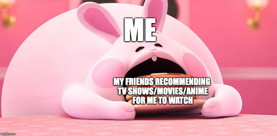 Just One More Series... | ME; MY FRIENDS RECOMMENDING TV SHOWS/MOVIES/ANIME FOR ME TO WATCH | image tagged in wreck it ralph 2 bunny pancake,anime,movies,tv show,cartoons | made w/ Imgflip meme maker