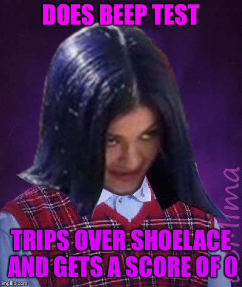 Bad Luck Mima | DOES BEEP TEST TRIPS OVER SHOELACE AND GETS A SCORE OF 0 | image tagged in bad luck mima | made w/ Imgflip meme maker