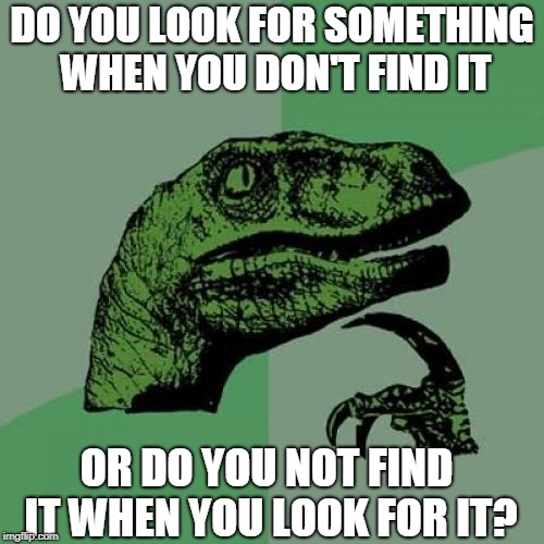 Philosoraptor Meme |  DO YOU LOOK FOR SOMETHING WHEN YOU DON'T FIND IT; OR DO YOU NOT FIND IT WHEN YOU LOOK FOR IT? | image tagged in memes,philosoraptor | made w/ Imgflip meme maker