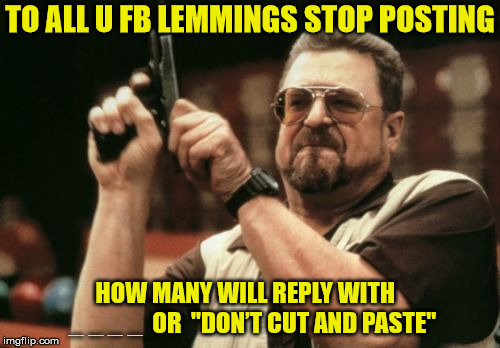 Am I The Only One Around Here Meme | TO ALL U FB LEMMINGS STOP POSTING; HOW MANY WILL REPLY WITH   _ _ _ _  OR  "DON’T CUT AND PASTE" | image tagged in memes,am i the only one around here | made w/ Imgflip meme maker