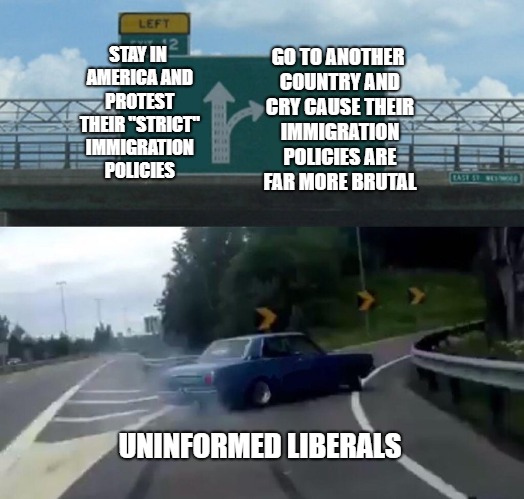 Left Exit 12 Off Ramp Meme | STAY IN AMERICA AND PROTEST THEIR "STRICT" IMMIGRATION POLICIES GO TO ANOTHER COUNTRY AND CRY CAUSE THEIR IMMIGRATION POLICIES ARE FAR MORE  | image tagged in memes,left exit 12 off ramp | made w/ Imgflip meme maker