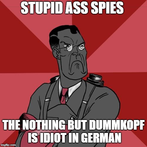TF2 Angry medic  | STUPID ASS SPIES; THE NOTHING BUT DUMMKOPF 
IS IDIOT IN GERMAN | image tagged in tf2 angry medic | made w/ Imgflip meme maker