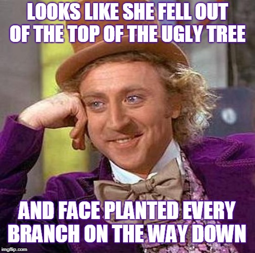 Creepy Condescending Wonka Meme | LOOKS LIKE SHE FELL OUT OF THE TOP OF THE UGLY TREE AND FACE PLANTED EVERY BRANCH ON THE WAY DOWN | image tagged in memes,creepy condescending wonka | made w/ Imgflip meme maker