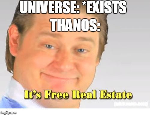 It's Free Real Estate | UNIVERSE: *EXISTS; THANOS: | image tagged in it's free real estate | made w/ Imgflip meme maker