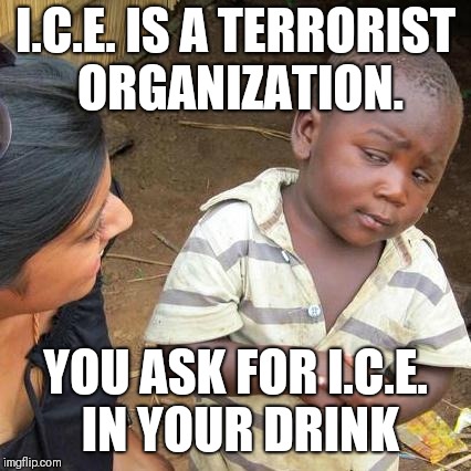 Third World Skeptical Kid Meme | I.C.E. IS A TERRORIST ORGANIZATION. YOU ASK FOR I.C.E. IN YOUR DRINK | image tagged in memes,third world skeptical kid | made w/ Imgflip meme maker