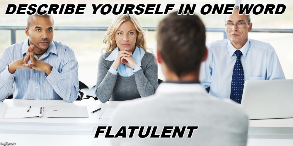 Job Interview | DESCRIBE YOURSELF IN ONE WORD; FLATULENT | image tagged in job interview,gas mask,gassy,fart jokes,i farted,farted | made w/ Imgflip meme maker