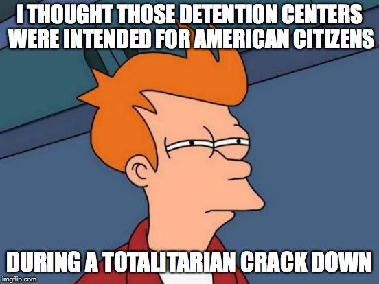 Futurama Fry Meme | I THOUGHT THOSE DETENTION CENTERS WERE INTENDED FOR AMERICAN CITIZENS DURING A TOTALITARIAN CRACK DOWN | image tagged in memes,futurama fry | made w/ Imgflip meme maker