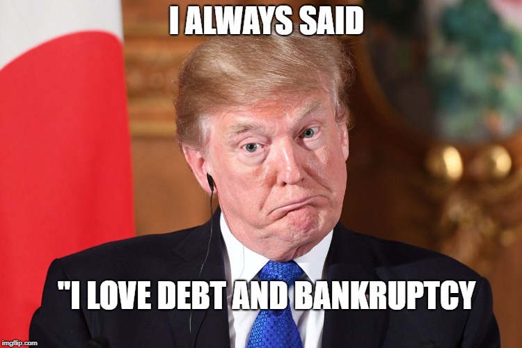 Trump dumbfounded | I ALWAYS SAID "I LOVE DEBT AND BANKRUPTCY | image tagged in trump dumbfounded | made w/ Imgflip meme maker