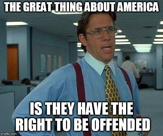 That Would Be Great Meme | THE GREAT THING ABOUT AMERICA IS THEY HAVE THE RIGHT TO BE OFFENDED | image tagged in memes,that would be great | made w/ Imgflip meme maker