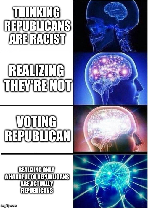 The rest care about power and power only | THINKING REPUBLICANS ARE RACIST; REALIZING THEY'RE NOT; VOTING REPUBLICAN; REALIZING ONLY A HANDFUL OF REPUBLICANS ARE ACTUALLY REPUBLICANS | image tagged in memes,expanding brain,politics,republicans | made w/ Imgflip meme maker