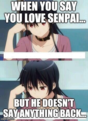 Anime Meme | WHEN YOU SAY YOU LOVE SENPAI... BUT HE DOESN'T SAY ANYTHING BACK... | image tagged in anime meme | made w/ Imgflip meme maker