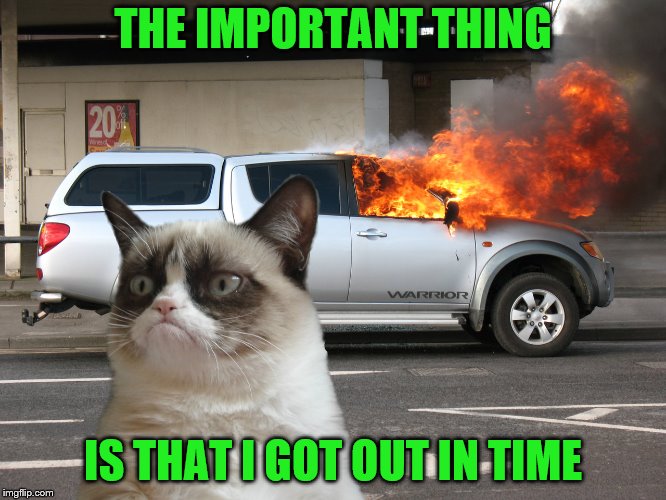 Grumpy Cat Fire Car | THE IMPORTANT THING IS THAT I GOT OUT IN TIME | image tagged in grumpy cat fire car | made w/ Imgflip meme maker