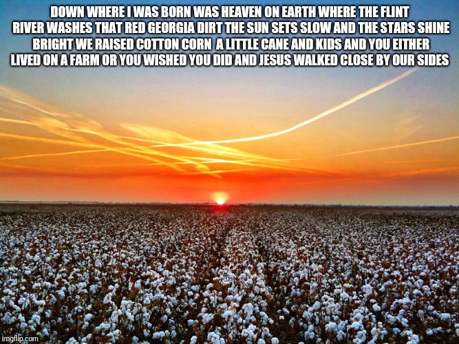 Farm life  | DOWN WHERE I WAS BORN WAS HEAVEN ON EARTH WHERE THE FLINT RIVER WASHES THAT RED GEORGIA DIRT THE SUN SETS SLOW AND THE STARS SHINE BRIGHT WE RAISED COTTON CORN  A LITTLE CANE AND KIDS AND YOU EITHER LIVED ON A FARM OR YOU WISHED YOU DID AND JESUS WALKED CLOSE BY OUR SIDES | image tagged in memes | made w/ Imgflip meme maker