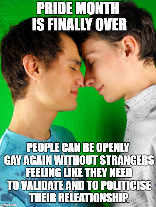 Back to normality | PRIDE MONTH IS FINALLY OVER; PEOPLE CAN BE OPENLY GAY AGAIN WITHOUT STRANGERS FEELING LIKE THEY NEED TO VALIDATE AND TO POLITICISE THEIR RELEATIONSHIP. | image tagged in gay,normal | made w/ Imgflip meme maker