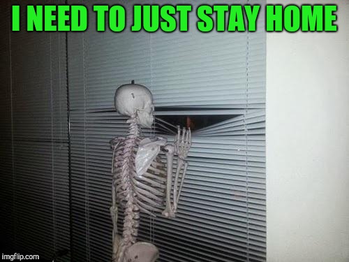 Skeleton Looking Out Window | I NEED TO JUST STAY HOME | image tagged in skeleton looking out window | made w/ Imgflip meme maker