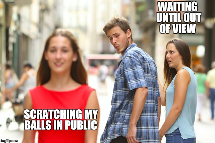 Distracted Boyfriend Meme | SCRATCHING MY BALLS IN PUBLIC WAITING UNTIL OUT OF VIEW | image tagged in memes,distracted boyfriend | made w/ Imgflip meme maker