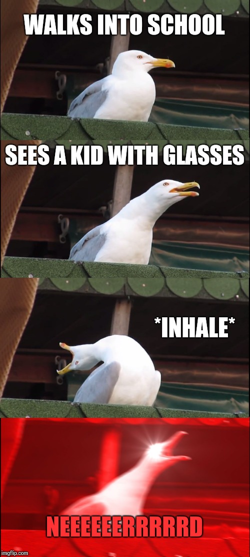 The one in the bunch. | WALKS INTO SCHOOL; SEES A KID WITH GLASSES; *INHALE*; NEEEEEERRRRRD | image tagged in memes,inhaling seagull,funny | made w/ Imgflip meme maker