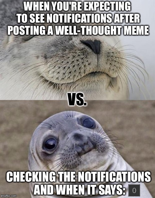 Expectation vs. Reality | WHEN YOU'RE EXPECTING TO SEE NOTIFICATIONS AFTER POSTING A WELL-THOUGHT MEME; VS. CHECKING THE NOTIFICATIONS AND WHEN IT SAYS: | image tagged in memes,short satisfaction vs truth,notifications,imgflip,imgflip users | made w/ Imgflip meme maker