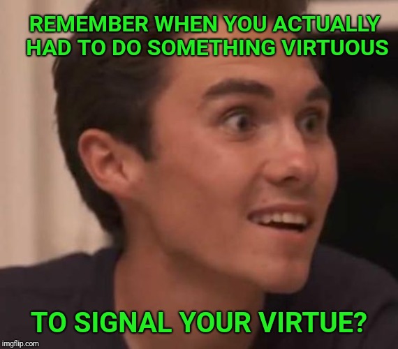 David Hogg does not remember | REMEMBER WHEN YOU ACTUALLY HAD TO DO SOMETHING VIRTUOUS; TO SIGNAL YOUR VIRTUE? | image tagged in david hogg,virtue,hogg | made w/ Imgflip meme maker