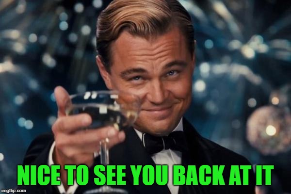Leonardo Dicaprio Cheers Meme | NICE TO SEE YOU BACK AT IT | image tagged in memes,leonardo dicaprio cheers | made w/ Imgflip meme maker