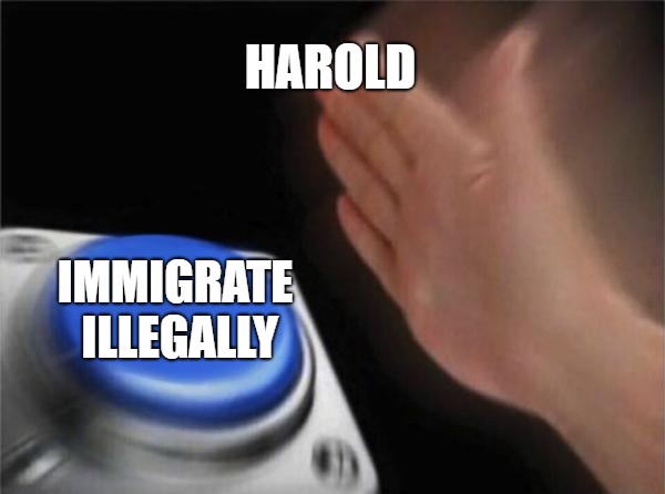 Blank Nut Button Meme | HAROLD IMMIGRATE ILLEGALLY | image tagged in memes,blank nut button | made w/ Imgflip meme maker