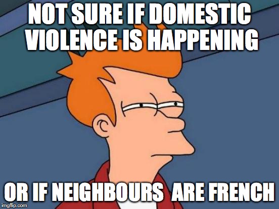 Futurama Fry | NOT SURE IF DOMESTIC VIOLENCE IS HAPPENING; OR IF NEIGHBOURS
 ARE FRENCH | image tagged in memes,futurama fry | made w/ Imgflip meme maker