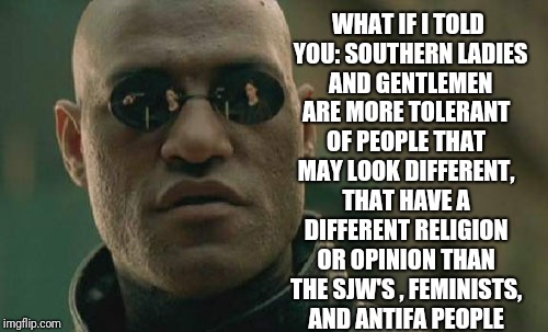 Upvote if you are from the South and know this is true | WHAT IF I TOLD YOU: SOUTHERN LADIES AND GENTLEMEN; ARE MORE TOLERANT OF PEOPLE THAT MAY LOOK DIFFERENT, THAT HAVE A DIFFERENT RELIGION OR OPINION THAN THE SJW'S , FEMINISTS, AND ANTIFA PEOPLE | image tagged in memes,matrix morpheus | made w/ Imgflip meme maker