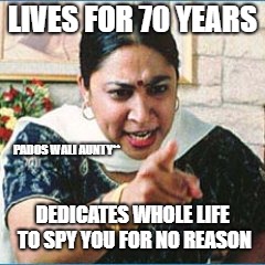 neighbour aunty | LIVES FOR 70 YEARS; PADOS WALI AUNTY**; DEDICATES WHOLE LIFE TO SPY YOU FOR NO REASON | image tagged in neighbour aunty | made w/ Imgflip meme maker