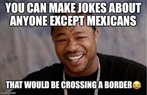 Yo Dawg Heard You | YOU CAN MAKE JOKES ABOUT ANYONE EXCEPT MEXICANS; THAT WOULD BE CROSSING A BORDER😂 | image tagged in memes,yo dawg heard you,jokes,bad joke | made w/ Imgflip meme maker