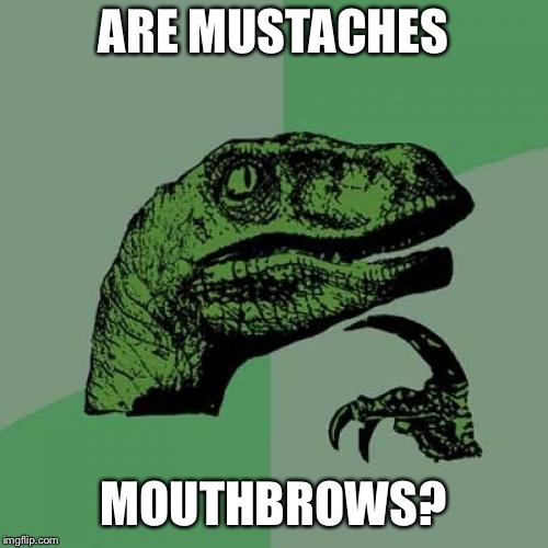 Philosoraptor Meme | ARE MUSTACHES MOUTHBROWS? | image tagged in memes,philosoraptor | made w/ Imgflip meme maker