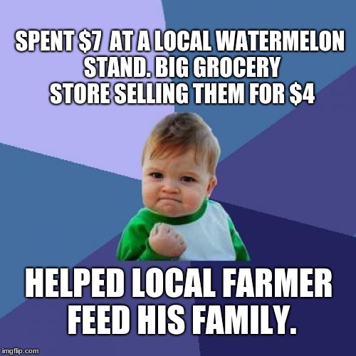Success Kid | SPENT $7  AT A LOCAL WATERMELON STAND. BIG GROCERY STORE SELLING THEM FOR $4; HELPED LOCAL FARMER FEED HIS FAMILY. | image tagged in memes,success kid | made w/ Imgflip meme maker