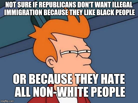 Futurama Fry Meme | NOT SURE IF REPUBLICANS DON'T WANT ILLEGAL IMMIGRATION BECAUSE THEY LIKE BLACK PEOPLE OR BECAUSE THEY HATE ALL NON-WHITE PEOPLE | image tagged in memes,futurama fry | made w/ Imgflip meme maker