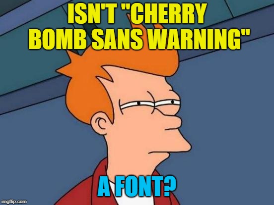 Futurama Fry Meme | ISN'T "CHERRY BOMB SANS WARNING" A FONT? | image tagged in memes,futurama fry | made w/ Imgflip meme maker