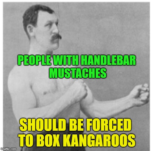 LOL, JK...... | PEOPLE WITH HANDLEBAR MUSTACHES; SHOULD BE FORCED TO BOX KANGAROOS | image tagged in memes,overly manly man,funny,mustache | made w/ Imgflip meme maker
